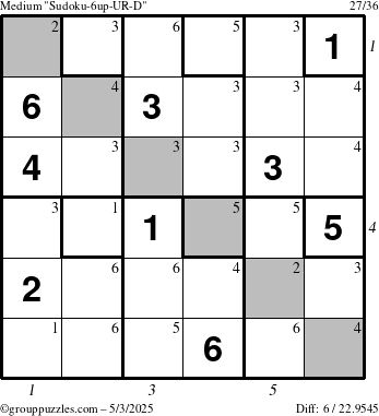 The grouppuzzles.com Medium Sudoku-6up-UR-D puzzle for Saturday May 3, 2025 with all 6 steps marked