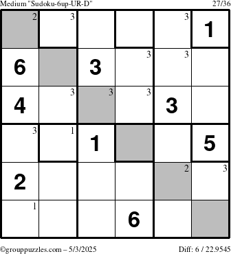 The grouppuzzles.com Medium Sudoku-6up-UR-D puzzle for Saturday May 3, 2025 with the first 3 steps marked