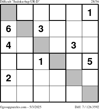 The grouppuzzles.com Difficult Sudoku-6up-UR-D puzzle for Saturday May 3, 2025
