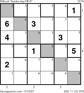 The grouppuzzles.com Difficult Sudoku-6up-UR-D puzzle for Saturday May 3, 2025 with all 7 steps marked