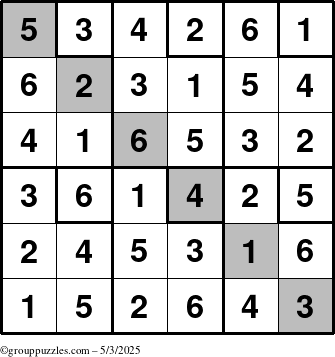 The grouppuzzles.com Answer grid for the Sudoku-6up-UR-D puzzle for Saturday May 3, 2025