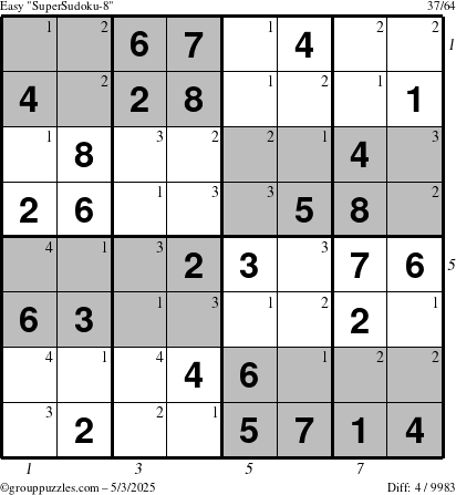 The grouppuzzles.com Easy SuperSudoku-8 puzzle for Saturday May 3, 2025 with all 4 steps marked