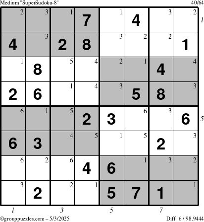 The grouppuzzles.com Medium SuperSudoku-8 puzzle for Saturday May 3, 2025 with all 6 steps marked