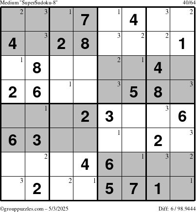 The grouppuzzles.com Medium SuperSudoku-8 puzzle for Saturday May 3, 2025 with the first 3 steps marked