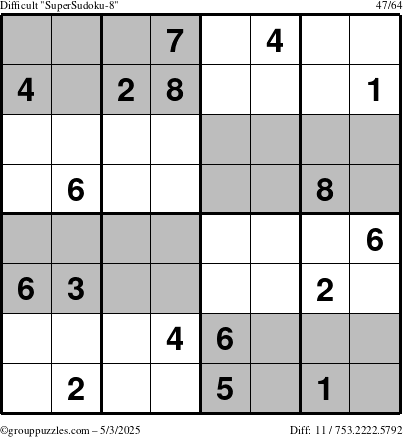 The grouppuzzles.com Difficult SuperSudoku-8 puzzle for Saturday May 3, 2025