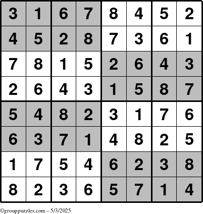 The grouppuzzles.com Answer grid for the SuperSudoku-8 puzzle for Saturday May 3, 2025