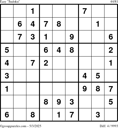 The grouppuzzles.com Easy Sudoku puzzle for Saturday May 3, 2025