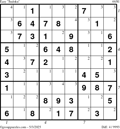 The grouppuzzles.com Easy Sudoku puzzle for Saturday May 3, 2025 with all 4 steps marked