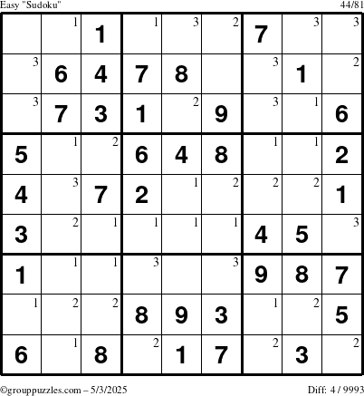 The grouppuzzles.com Easy Sudoku puzzle for Saturday May 3, 2025 with the first 3 steps marked