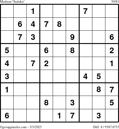 The grouppuzzles.com Medium Sudoku puzzle for Saturday May 3, 2025