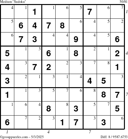 The grouppuzzles.com Medium Sudoku puzzle for Saturday May 3, 2025 with all 8 steps marked