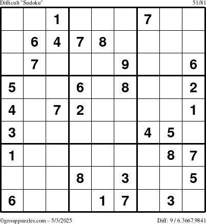The grouppuzzles.com Difficult Sudoku puzzle for Saturday May 3, 2025