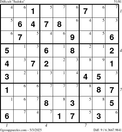 The grouppuzzles.com Difficult Sudoku puzzle for Saturday May 3, 2025 with all 9 steps marked