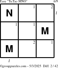 The grouppuzzles.com Easy TicTac-MNO puzzle for Saturday May 3, 2025 with all 2 steps marked