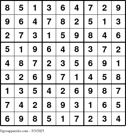 The grouppuzzles.com Answer grid for the Sudoku puzzle for Saturday May 3, 2025