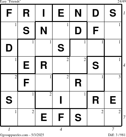 The grouppuzzles.com Easy Friends puzzle for Saturday May 3, 2025 with all 3 steps marked