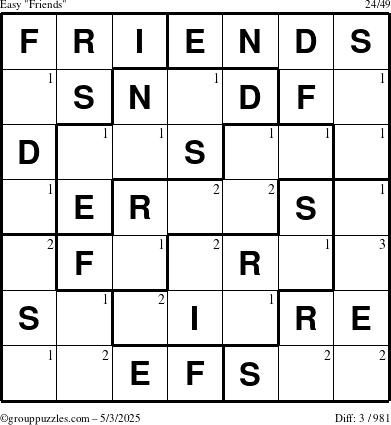 The grouppuzzles.com Easy Friends puzzle for Saturday May 3, 2025 with the first 3 steps marked
