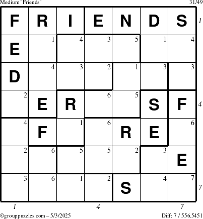 The grouppuzzles.com Medium Friends puzzle for Saturday May 3, 2025 with all 7 steps marked
