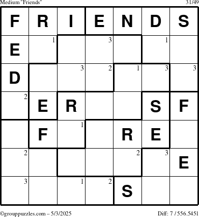 The grouppuzzles.com Medium Friends puzzle for Saturday May 3, 2025 with the first 3 steps marked