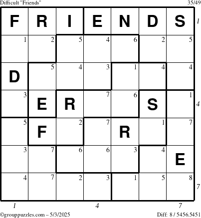 The grouppuzzles.com Difficult Friends puzzle for Saturday May 3, 2025 with all 8 steps marked