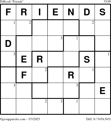 The grouppuzzles.com Difficult Friends puzzle for Saturday May 3, 2025 with the first 3 steps marked