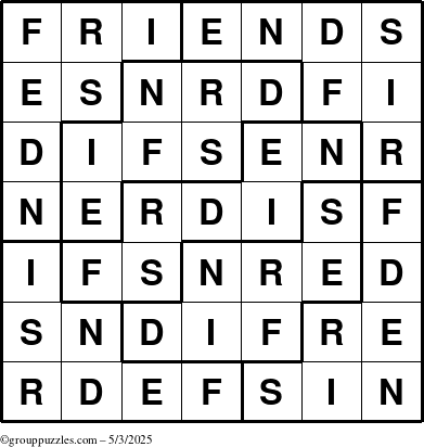 The grouppuzzles.com Answer grid for the Friends puzzle for Saturday May 3, 2025