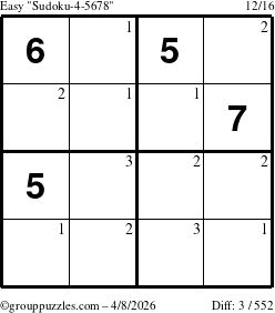 The grouppuzzles.com Easy Sudoku-4-5678 puzzle for Wednesday April 8, 2026 with the first 3 steps marked