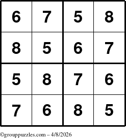The grouppuzzles.com Answer grid for the Sudoku-4-5678 puzzle for Wednesday April 8, 2026