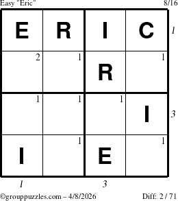 The grouppuzzles.com Easy Eric puzzle for Wednesday April 8, 2026 with all 2 steps marked