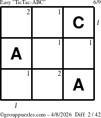 The grouppuzzles.com Easy TicTac-ABC puzzle for Wednesday April 8, 2026 with all 2 steps marked