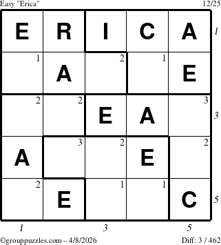 The grouppuzzles.com Easy Erica puzzle for Wednesday April 8, 2026 with all 3 steps marked