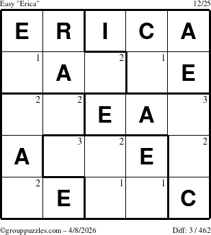 The grouppuzzles.com Easy Erica puzzle for Wednesday April 8, 2026 with the first 3 steps marked