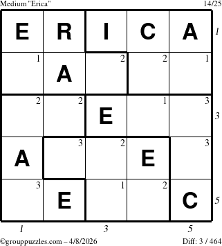 The grouppuzzles.com Medium Erica puzzle for Wednesday April 8, 2026 with all 3 steps marked