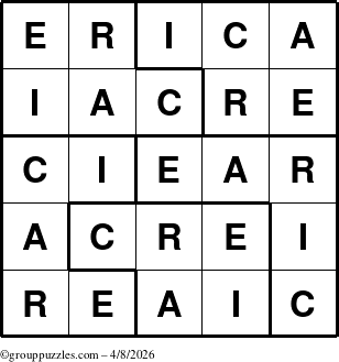 The grouppuzzles.com Answer grid for the Erica puzzle for Wednesday April 8, 2026