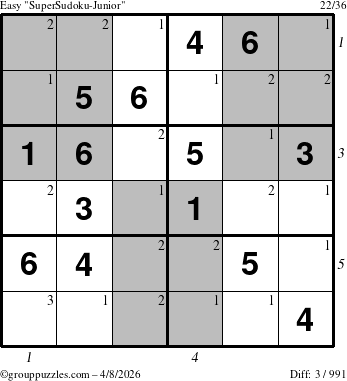 The grouppuzzles.com Easy SuperSudoku-Junior puzzle for Wednesday April 8, 2026 with all 3 steps marked