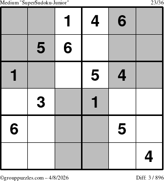 The grouppuzzles.com Medium SuperSudoku-Junior puzzle for Wednesday April 8, 2026