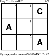 The grouppuzzles.com Easy TicTac-ABC puzzle for Wednesday April 8, 2026 with the first 2 steps marked