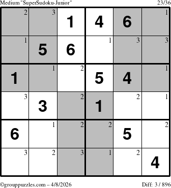 The grouppuzzles.com Medium SuperSudoku-Junior puzzle for Wednesday April 8, 2026 with the first 3 steps marked