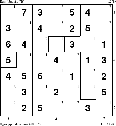 The grouppuzzles.com Easy Sudoku-7B puzzle for Wednesday April 8, 2026, suitable for printing, with all 3 steps marked
