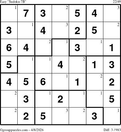 The grouppuzzles.com Easy Sudoku-7B puzzle for Wednesday April 8, 2026 with the first 3 steps marked