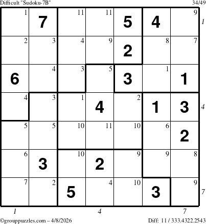 The grouppuzzles.com Difficult Sudoku-7B puzzle for Wednesday April 8, 2026, suitable for printing, with all 11 steps marked