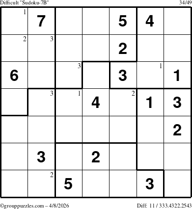 The grouppuzzles.com Difficult Sudoku-7B puzzle for Wednesday April 8, 2026 with the first 3 steps marked