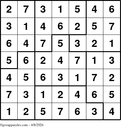 The grouppuzzles.com Answer grid for the Sudoku-7B puzzle for Wednesday April 8, 2026