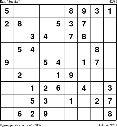 The grouppuzzles.com Easy Sudoku puzzle for Wednesday April 8, 2026