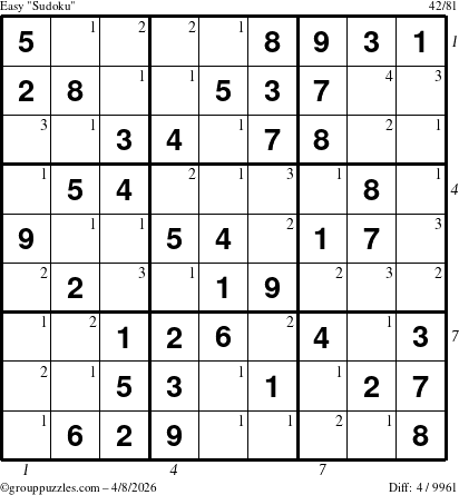 The grouppuzzles.com Easy Sudoku puzzle for Wednesday April 8, 2026 with all 4 steps marked