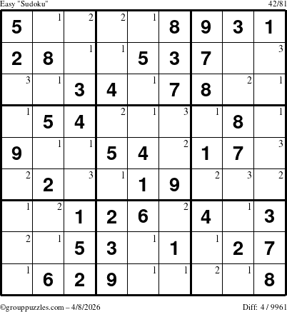 The grouppuzzles.com Easy Sudoku puzzle for Wednesday April 8, 2026 with the first 3 steps marked