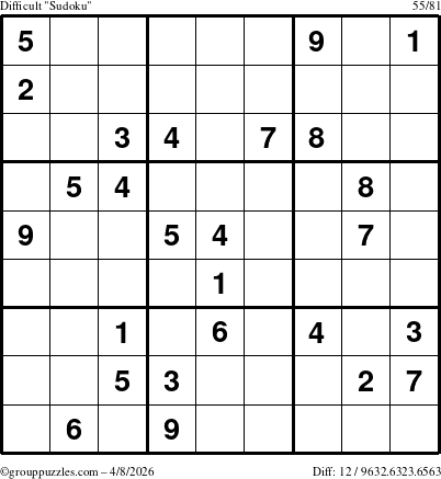 The grouppuzzles.com Difficult Sudoku puzzle for Wednesday April 8, 2026