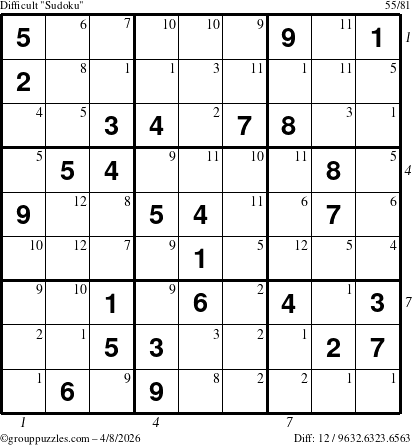 The grouppuzzles.com Difficult Sudoku puzzle for Wednesday April 8, 2026 with all 12 steps marked