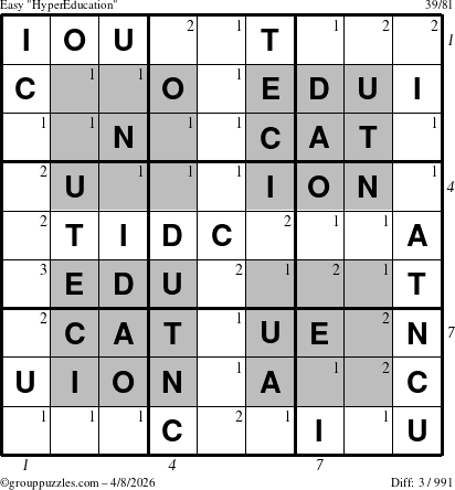The grouppuzzles.com Easy HyperEducation-i23 puzzle for Wednesday April 8, 2026, suitable for printing, with all 3 steps marked