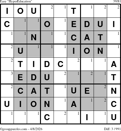 The grouppuzzles.com Easy HyperEducation-i23 puzzle for Wednesday April 8, 2026 with the first 3 steps marked